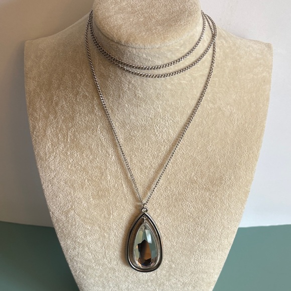 Long Silver Tone Teardrop Pendant Necklace Smoky Crystal 36” - Picture 2 of 6